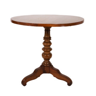 English tilt-top side table, circa 1870, with circular figured top, turned pedestal and tripod base.