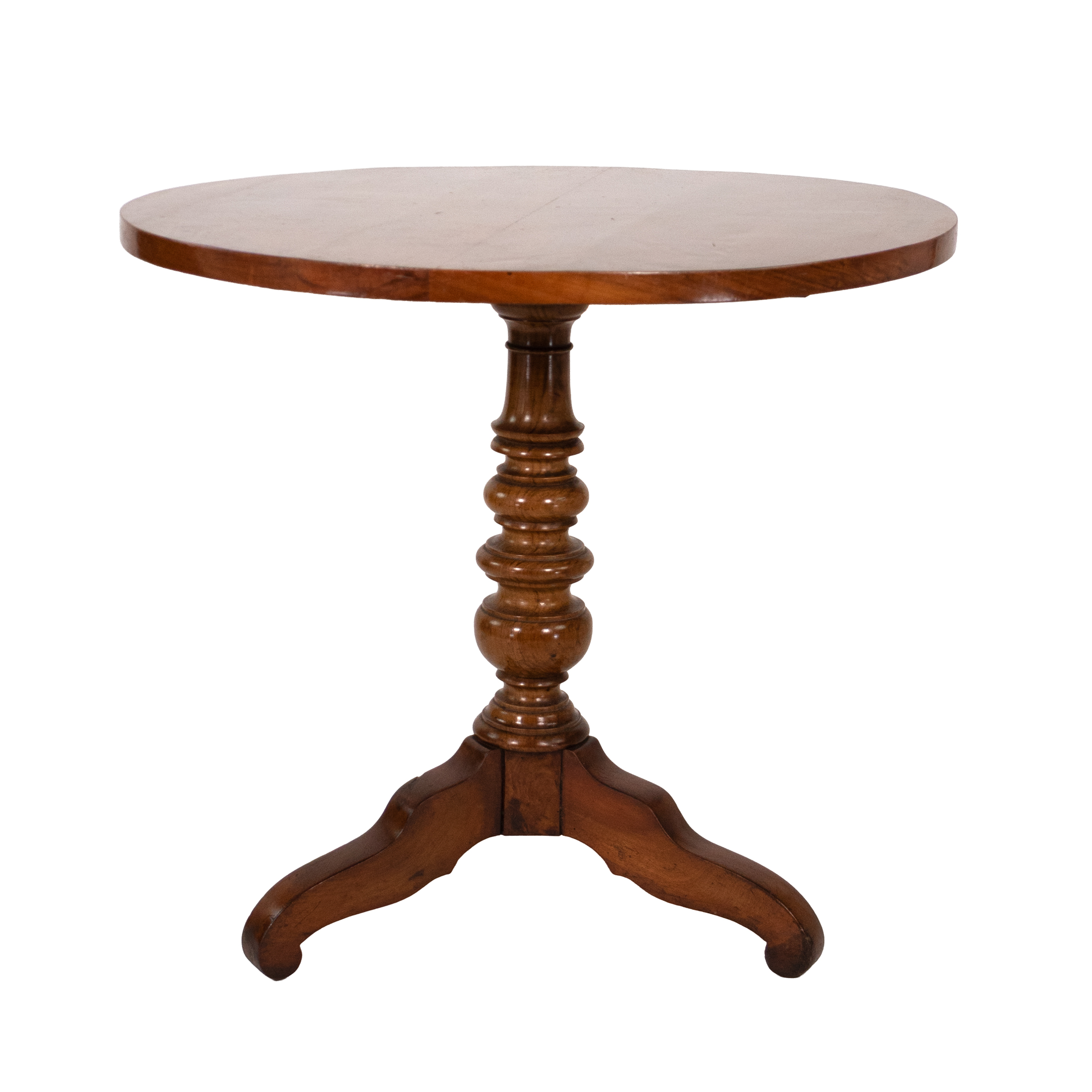English tilt-top side table, circa 1870, with circular figured top, turned pedestal and tripod base.