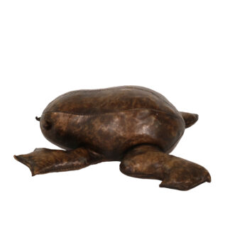 Leather frog footstool in the manner of Dimitri Omersa, side view on white background