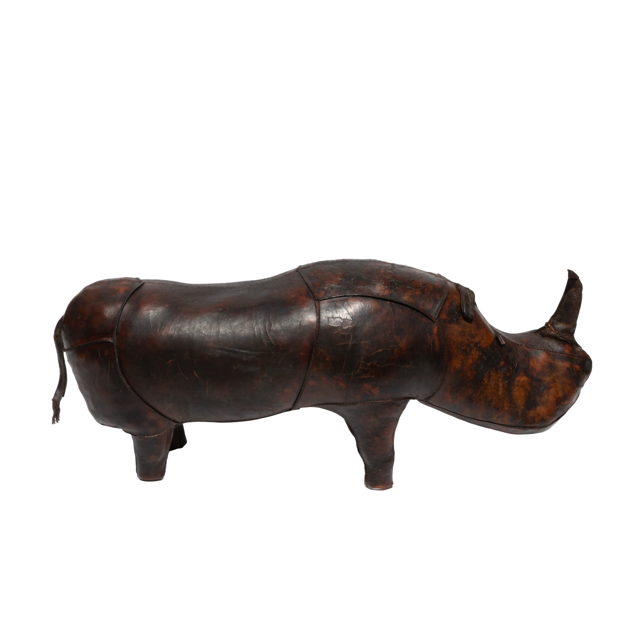 Dark brown leather rhinoceros footstool with stitched panels and four block feet, isolated against a plain background.